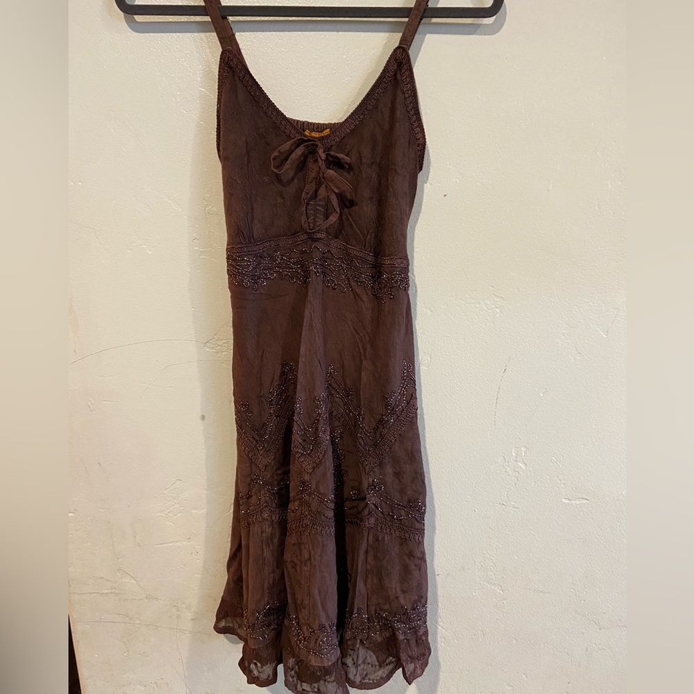 Hippie Detailed Brown Dress with Beads, Ruffles on Bottom